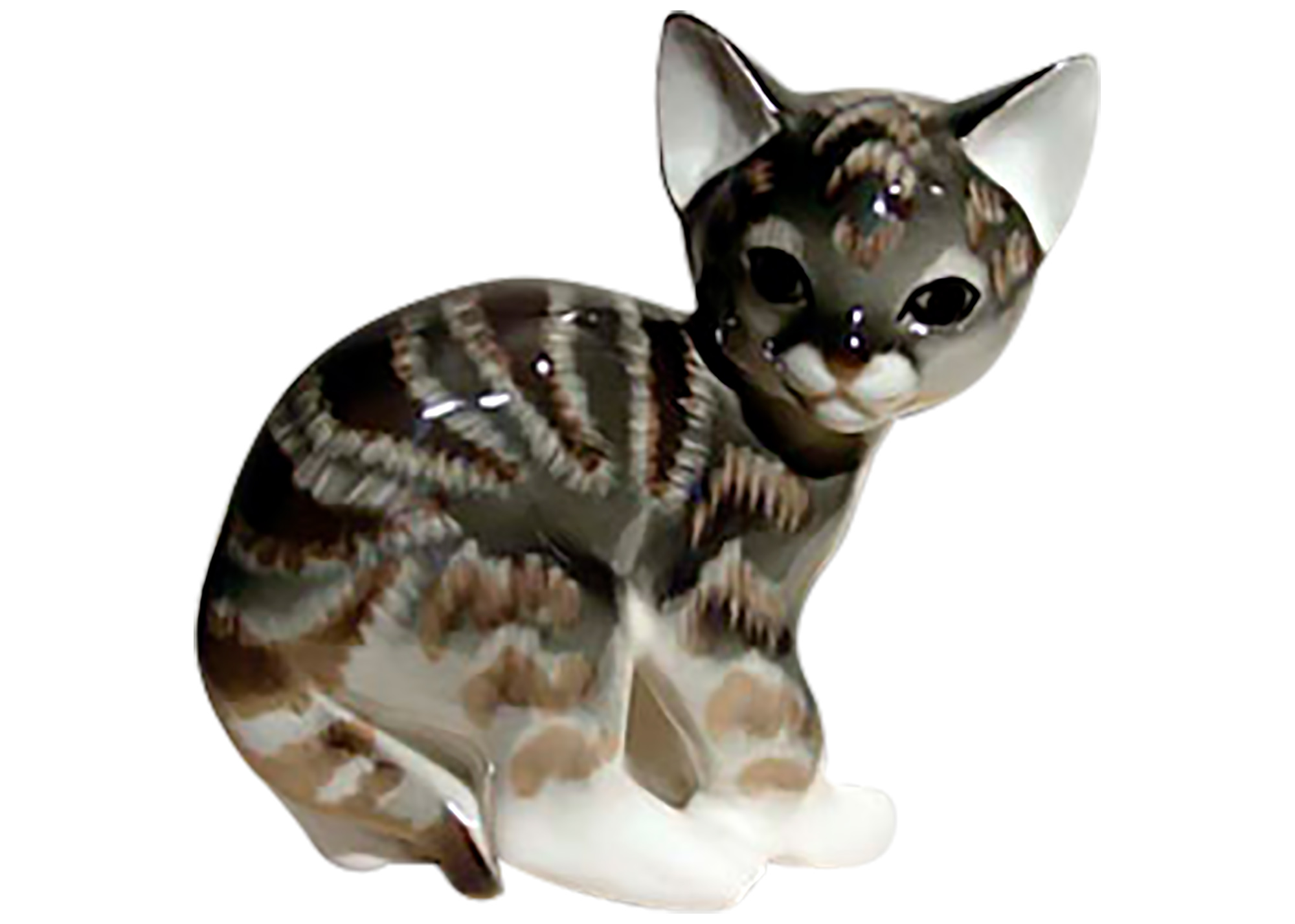 This black and gray tabby Kitten figurine looks straight at you saying “pet  me please.”